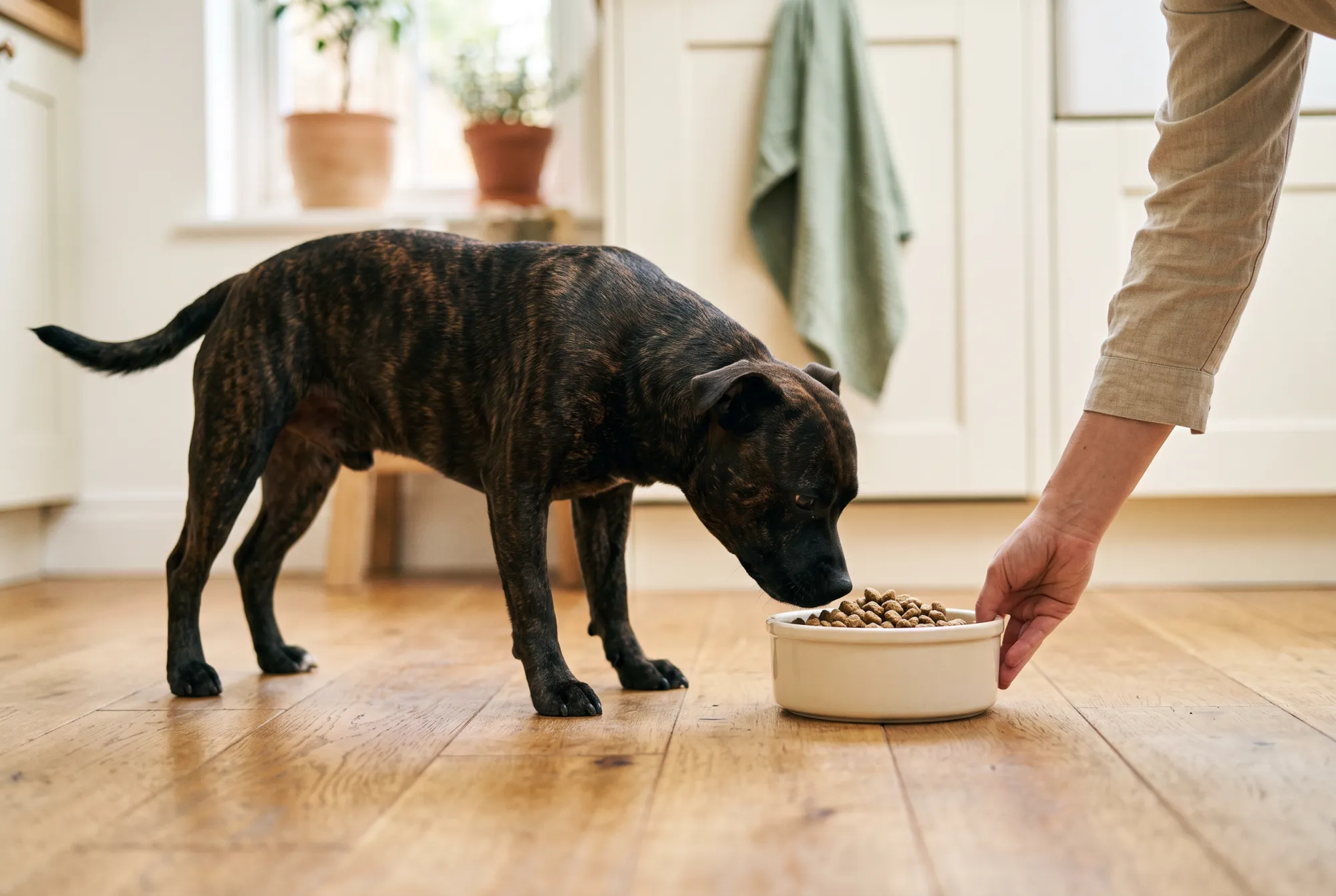 A brindle Staffordshire bull terrier sniffing a bowl of dry food as a person's hand sets it down on a wooden kitchen floor