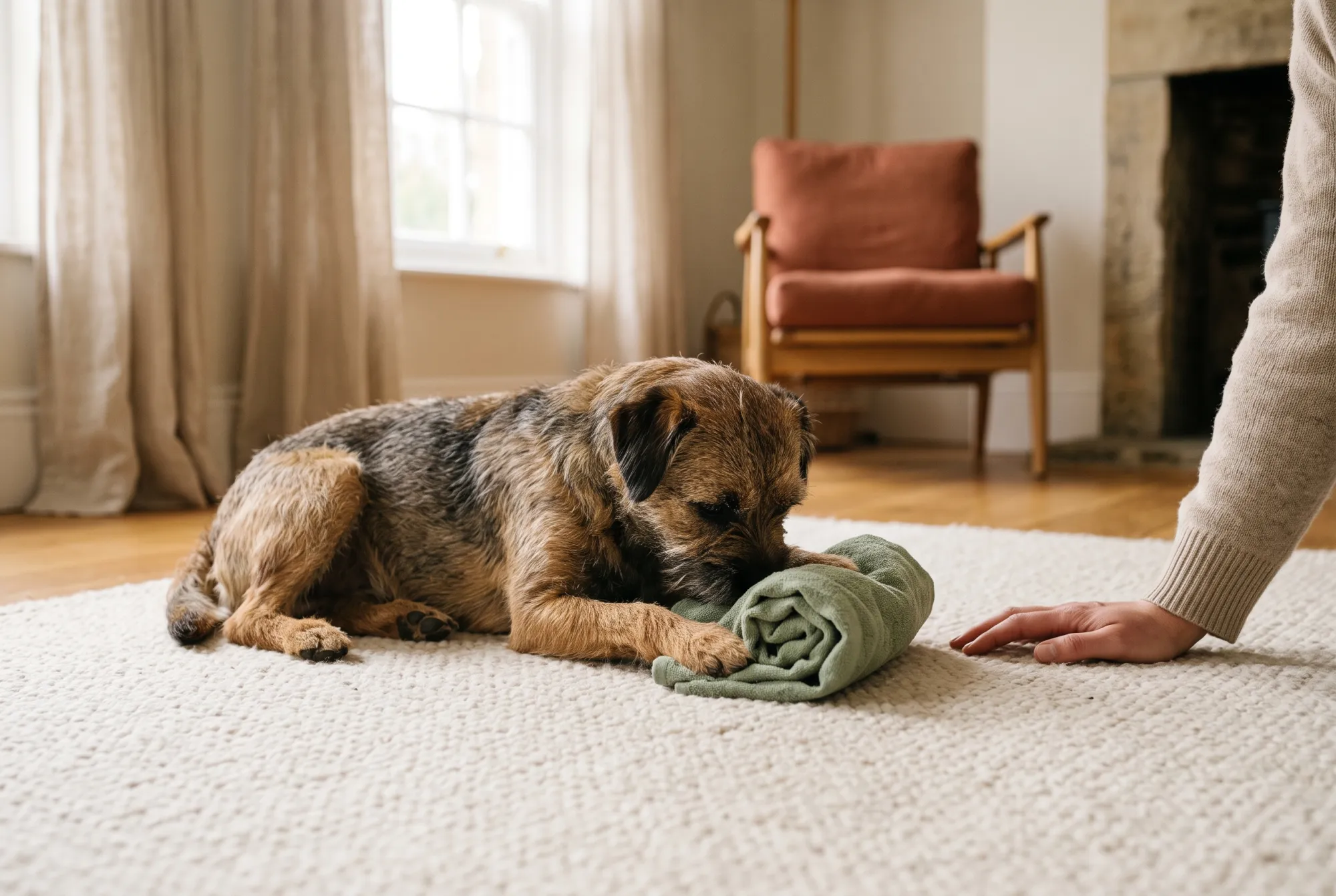 A border terrier lying on a cream rug with its nose in a rolled sage green towel while a person's hand rests nearby