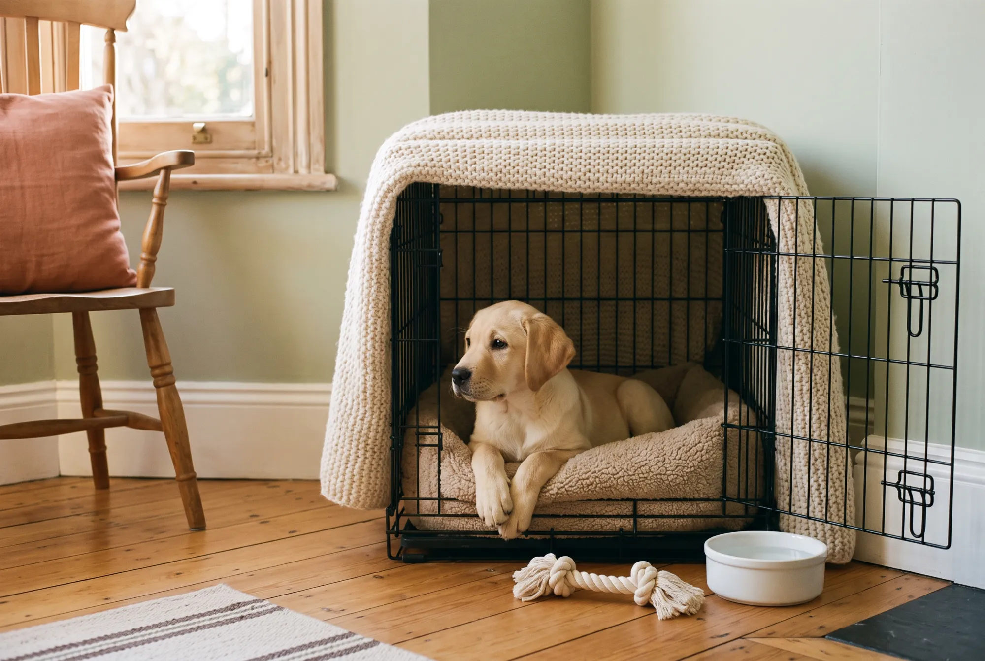 A yellow Labrador puppy resting on a fleece bed in an open wire crate draped with a knitted blanket, beside a water bowl and rope toy