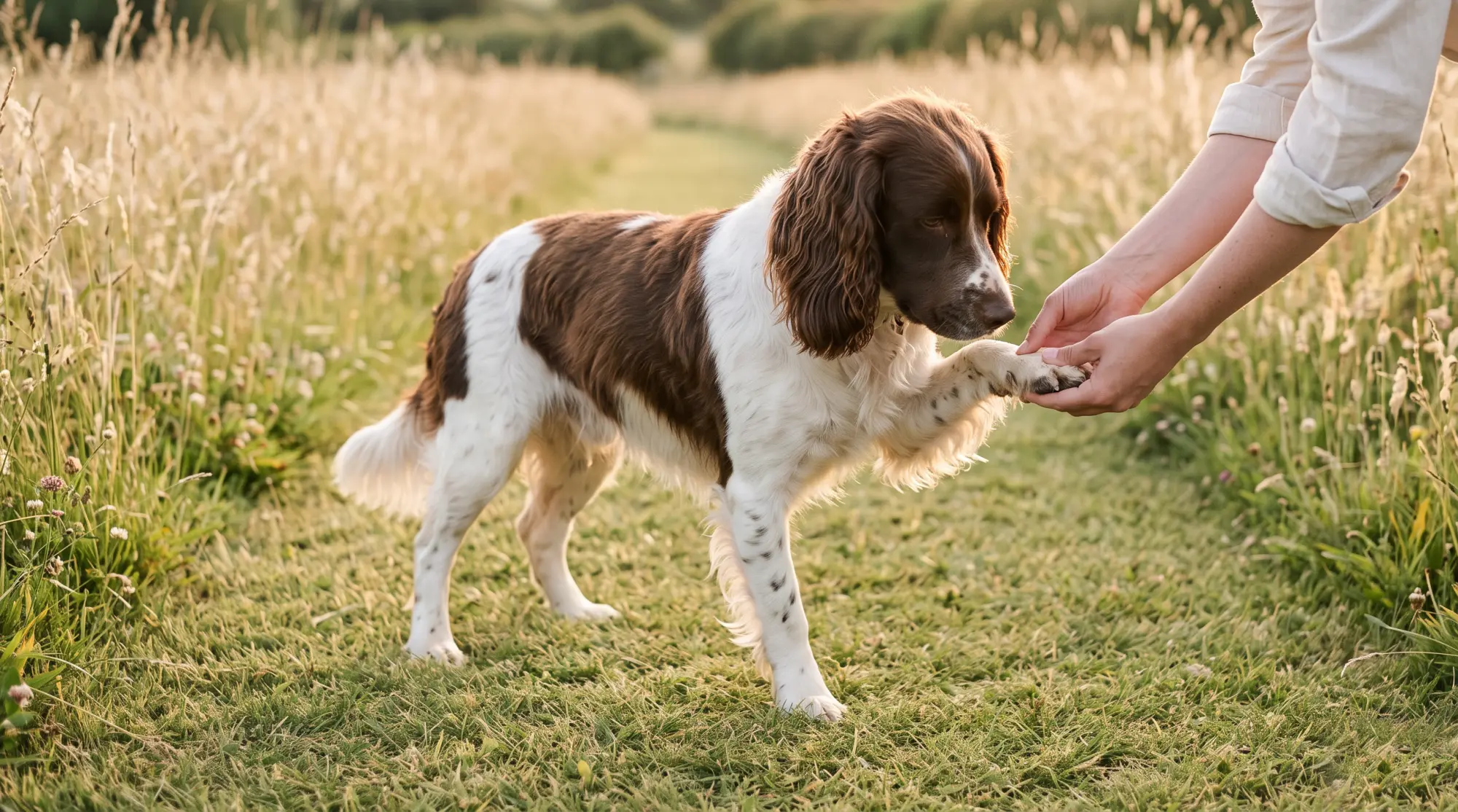 Hands check the raised front paw of a liver and white springer spaniel on a mown path through a summer meadow