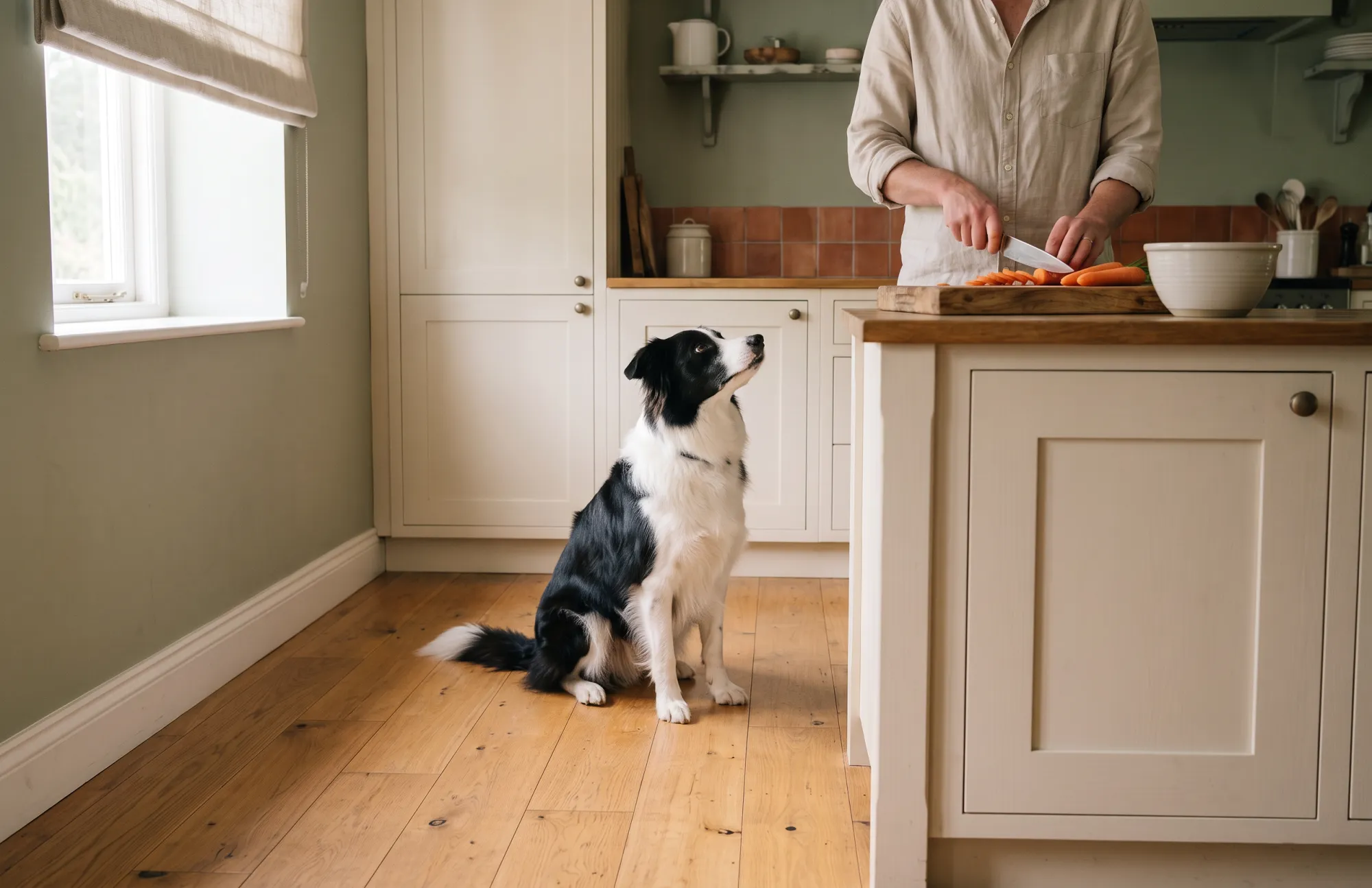 A black and white border collie sits on a wooden kitchen floor, looking up at a person slicing carrots on a chopping board