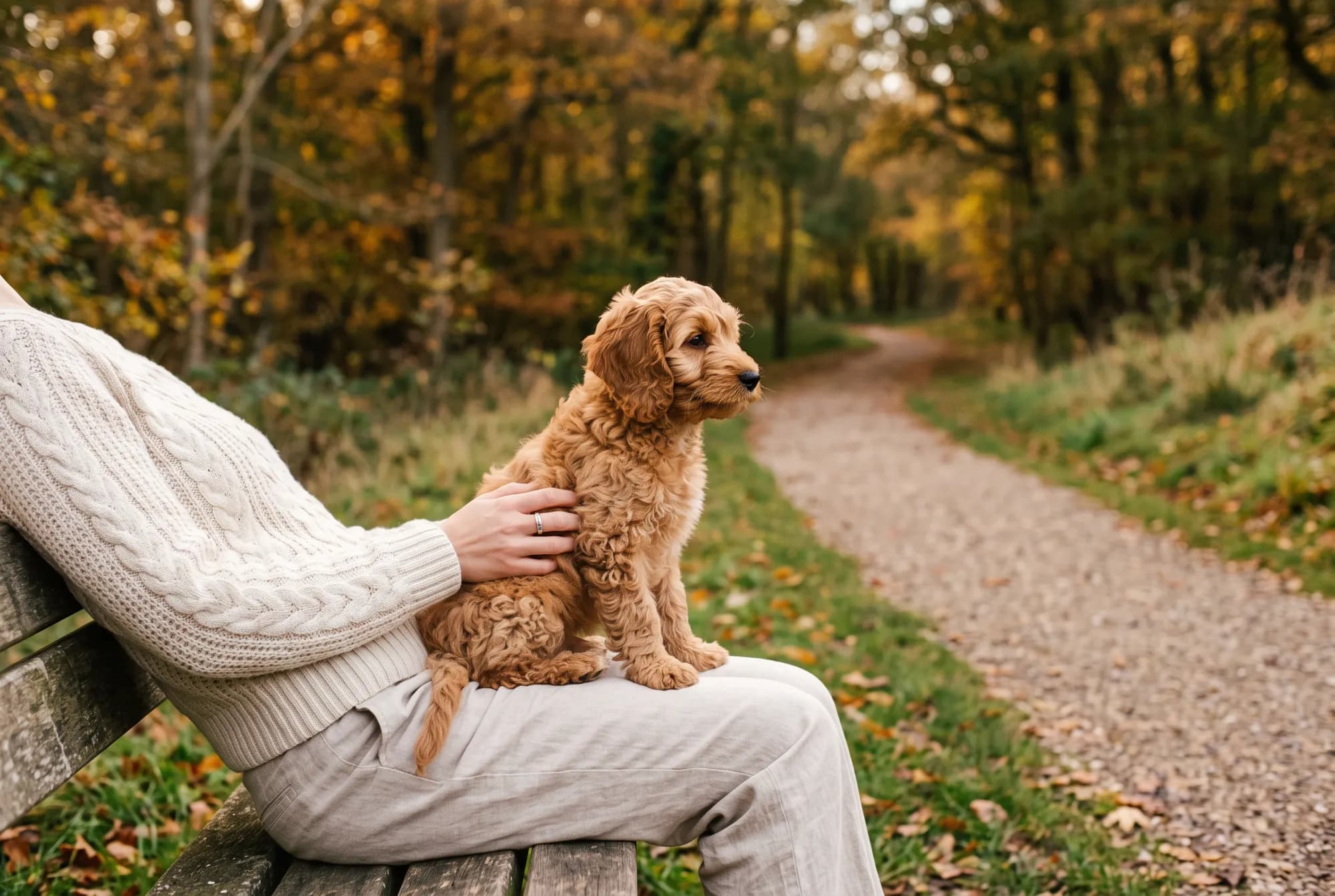 An apricot cockapoo puppy sits calmly on a person's lap on a wooden bench, watching a gravel path wind into autumn woodland