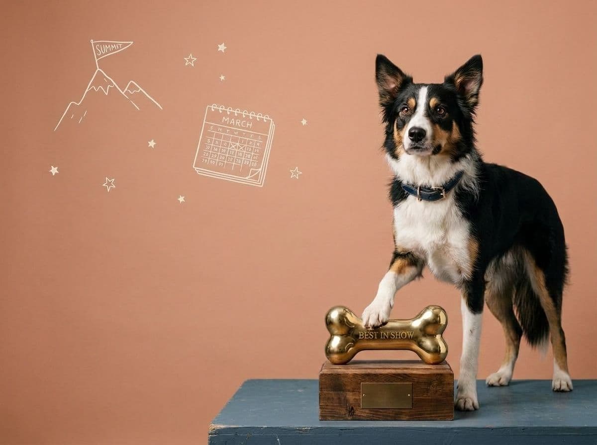 A border collie standing proudly on a trophy shaped like a bone