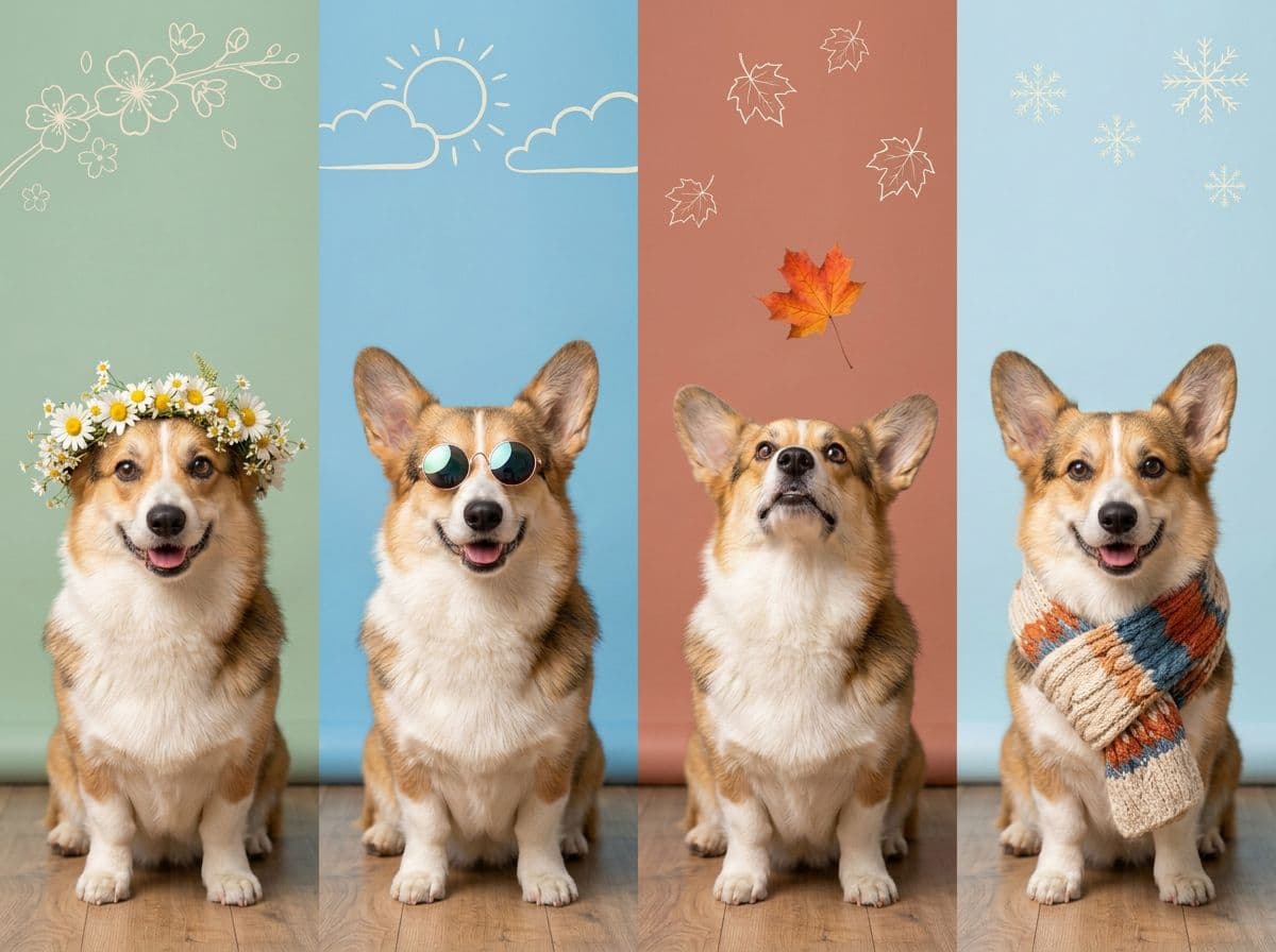 Four portraits of the same corgi, one for each season: a flower crown, sunglasses, an autumn leaf and a winter scarf