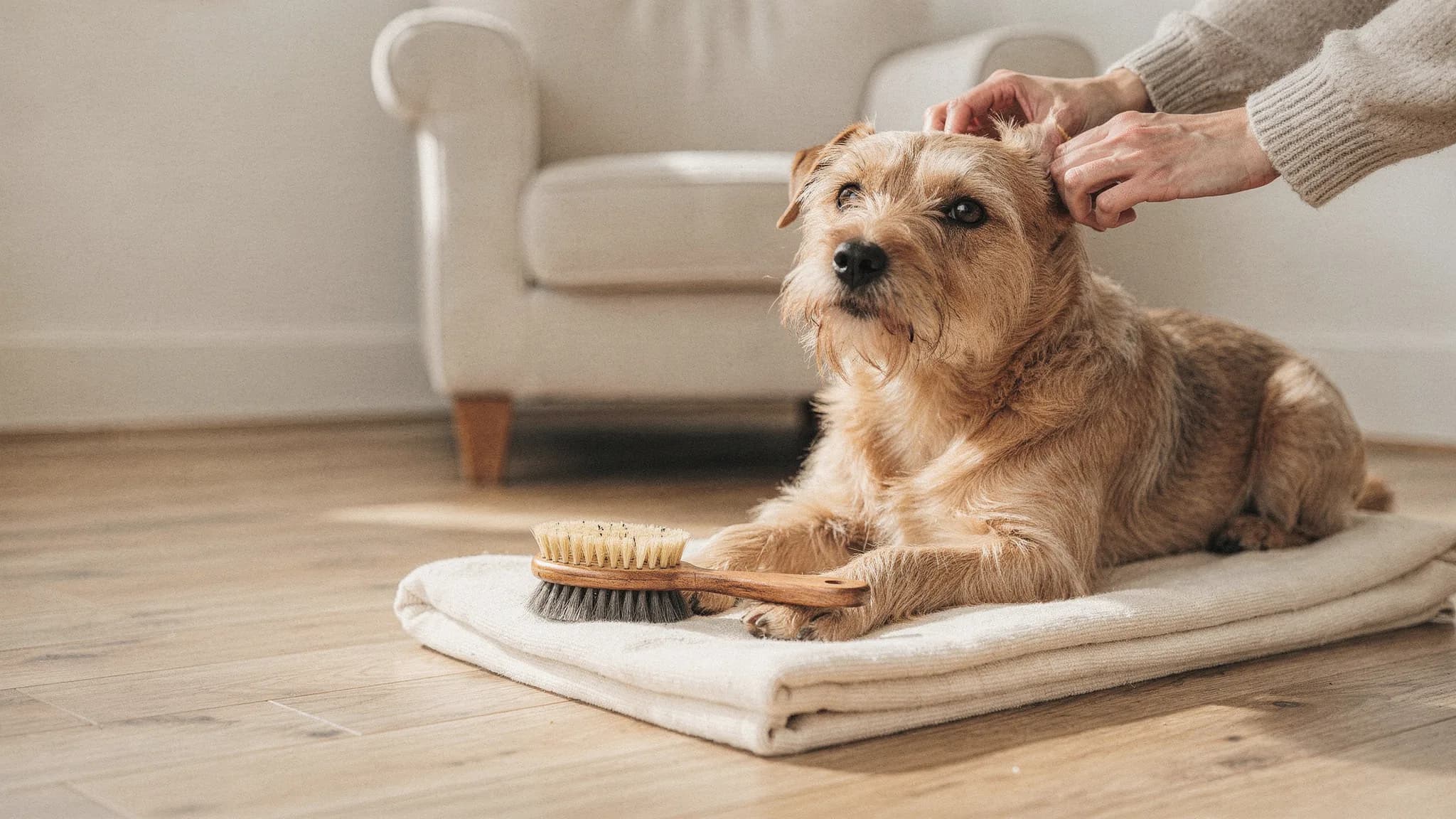 A terrier lying on a folded towel while someone brushes the fur on its head.
