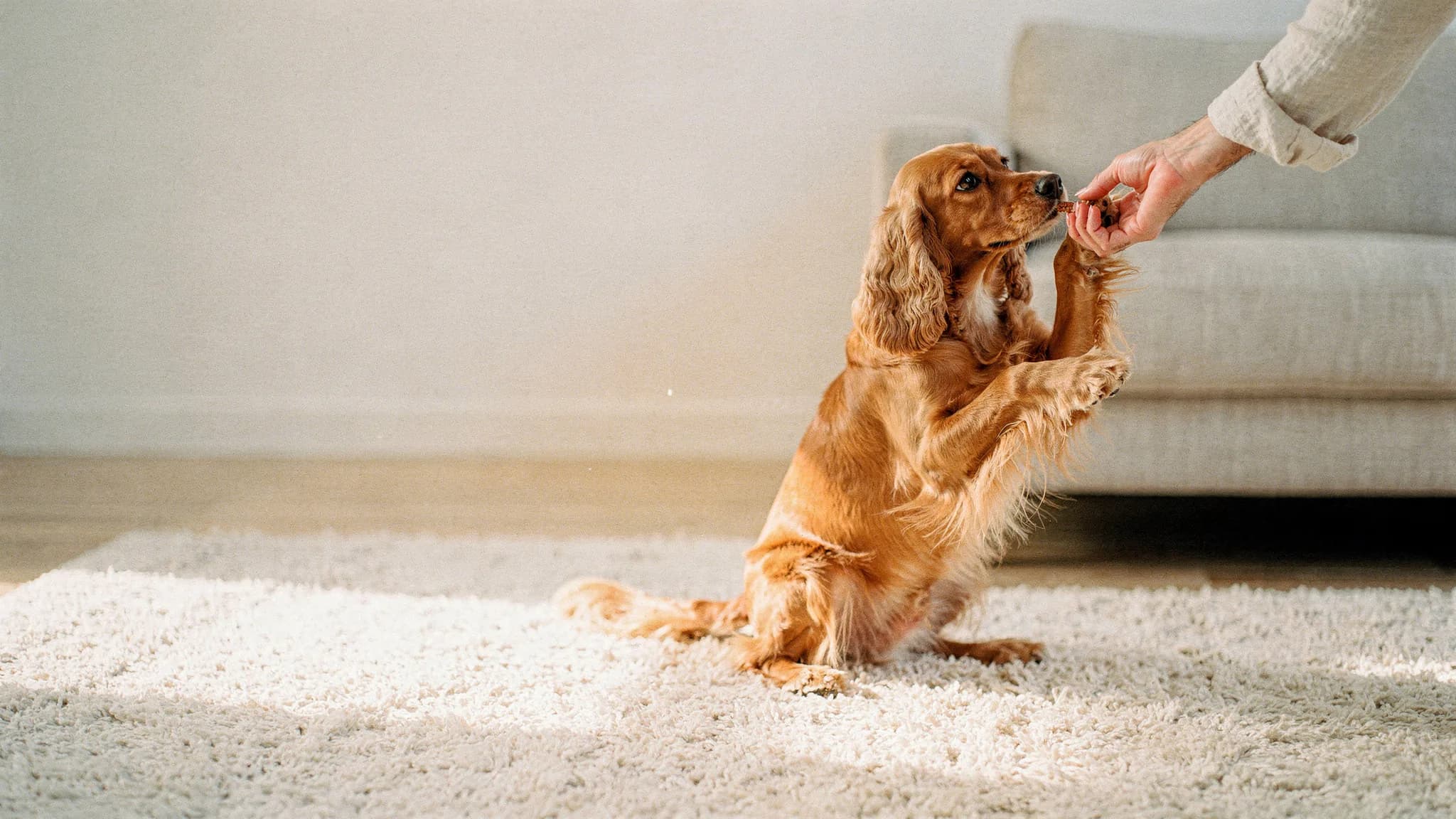 A cocker spaniel receiving a treat from its person during training at home