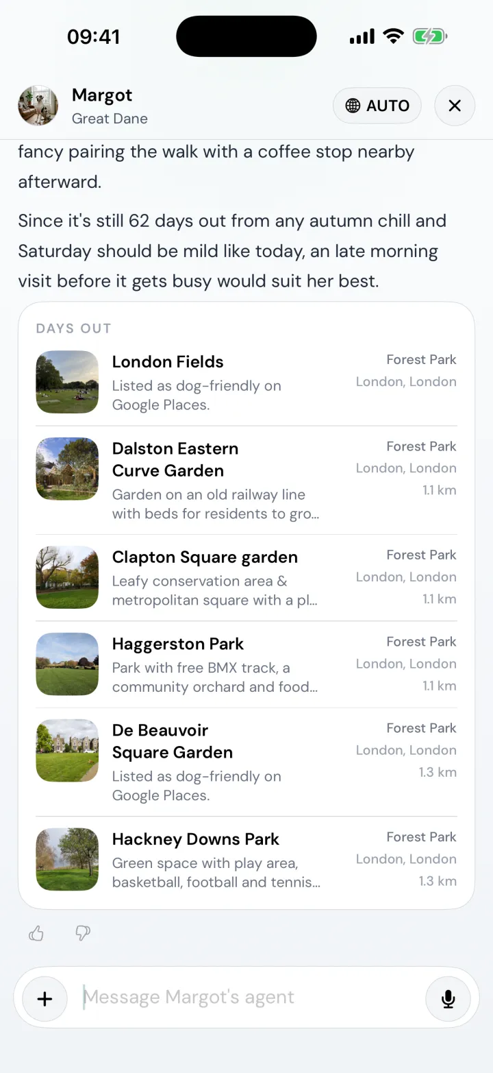 Margot's agent answering with a Days Out list of parks near London Fields, such as Dalston Eastern Curve Garden and Hackney Downs Park, some marked as listed as dog-friendly on Google Places