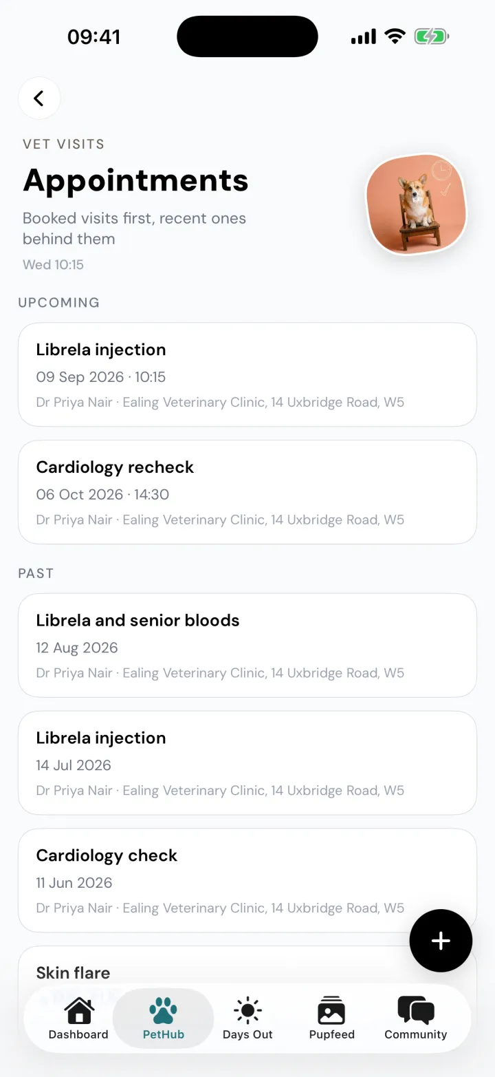 Bertie's Appointments page with an upcoming Librela injection and cardiology recheck, then past visits.