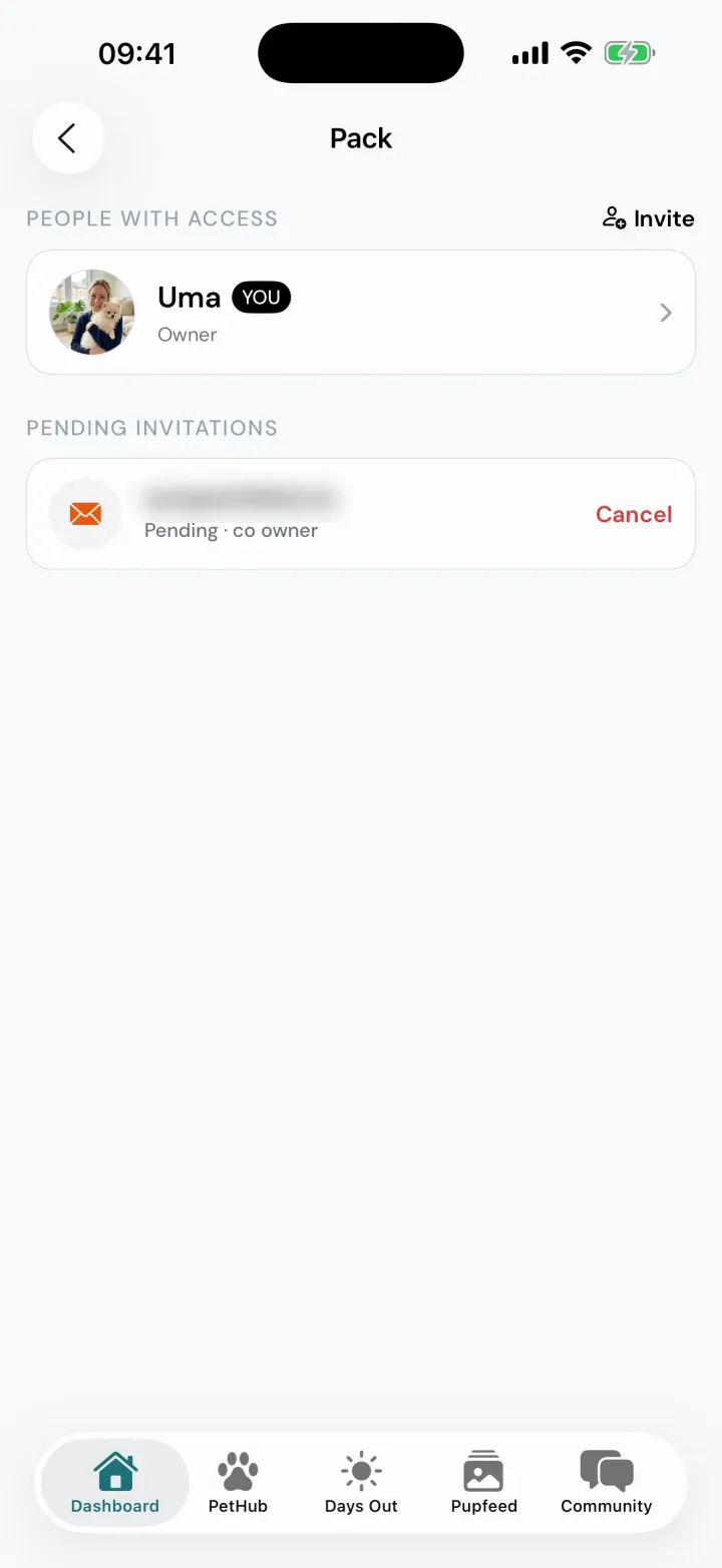 The Pack screen in Snootly, listing Uma as Pickle's owner and a pending invitation to Sam as a co-owner, with an Invite button at the top