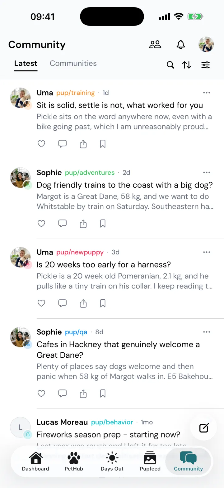 The Community tab in Snootly, showing questions from Uma about Pickle's training and Sophie about dog friendly trains for Margot, each tagged with its community