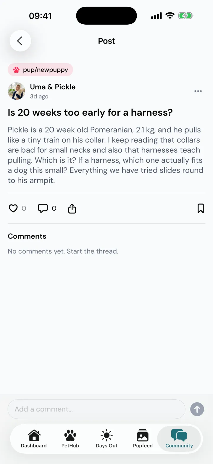 A Community thread in pup/newpuppy where Uma asks whether 20 weeks is too early for a harness for Pickle, her Pomeranian puppy, with a comment box underneath
