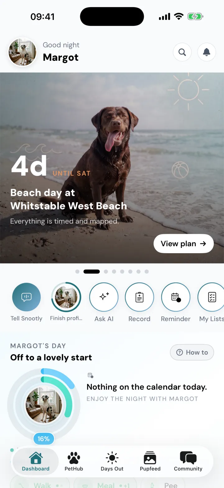 Snootly's home screen for Margot, a Great Dane, leading with a countdown to her beach day at Whitstable West Beach in four days