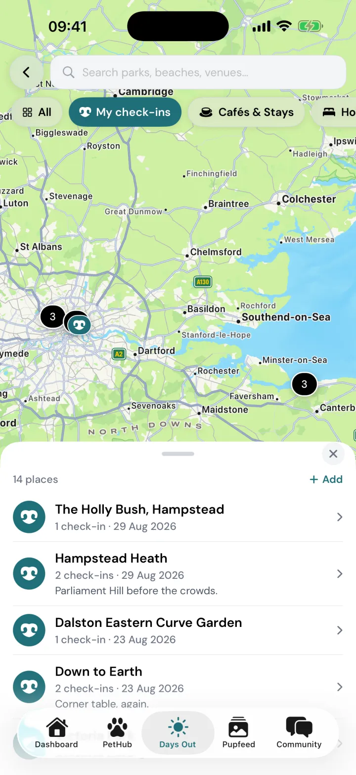 Map of Margot's check-ins around London and Kent, with clustered pins and a list of 14 places including The Holly Bush, Hampstead Heath and Down to Earth