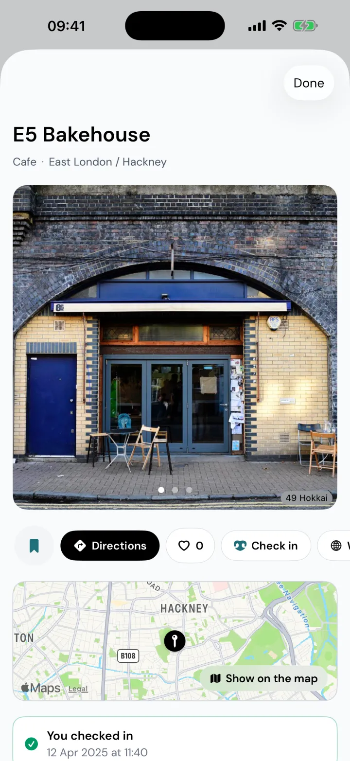 The E5 Bakehouse place page: a cafe in East London, Hackney, with a photo, Directions and Check in buttons, a map preview and a note that you checked in