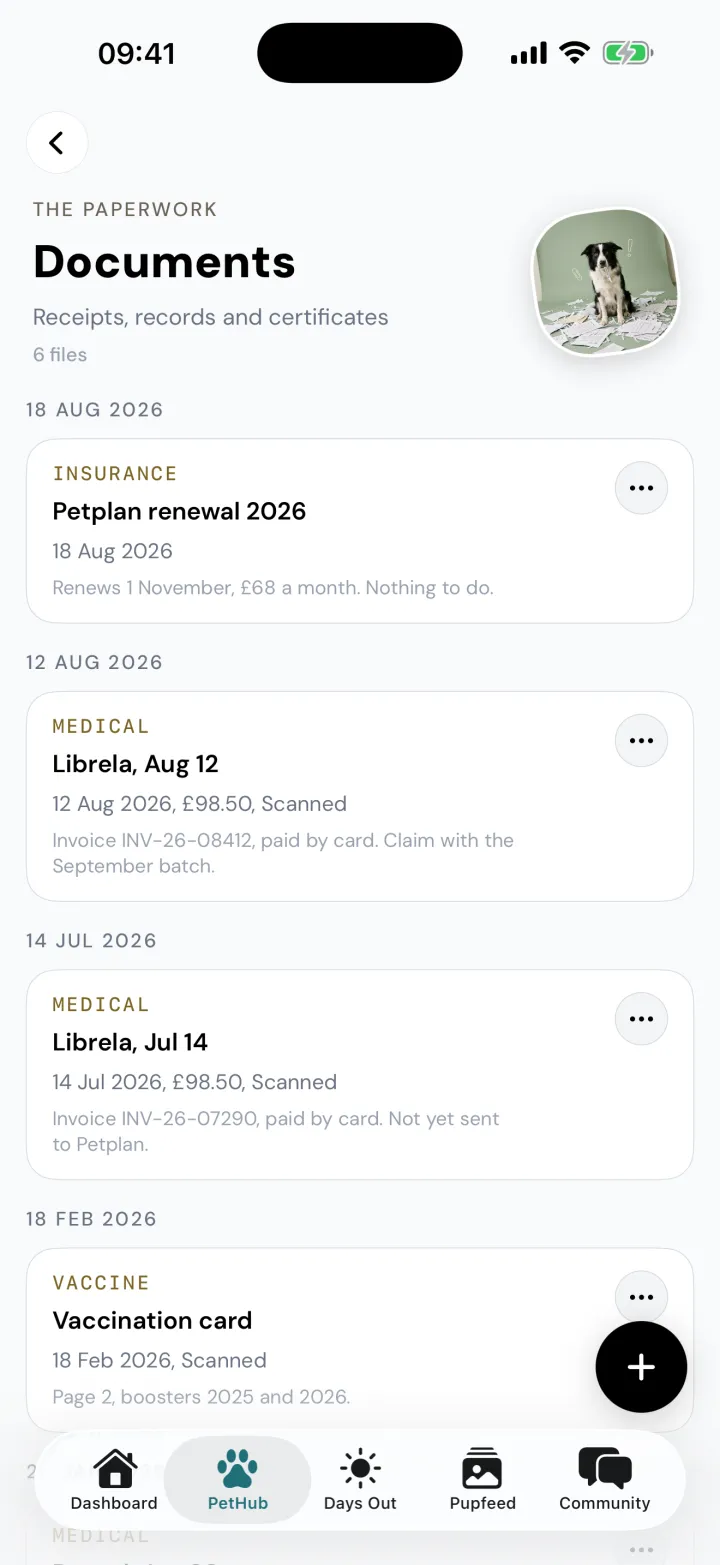Bertie's Documents page with an insurance renewal, two scanned Librela invoices and a scanned vaccination card.