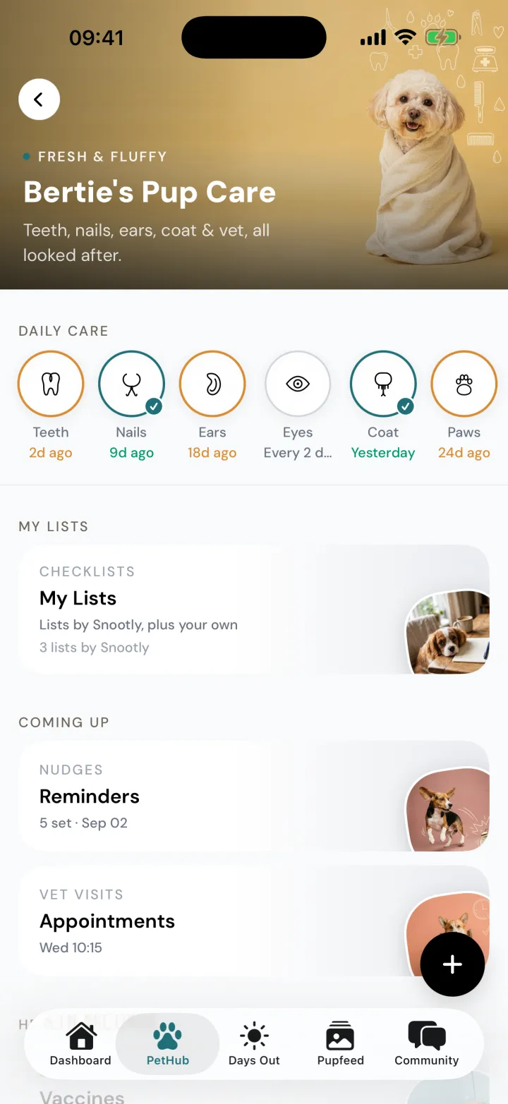 Bertie's Pup Care in the Snootly app: the daily care rail of teeth, nails, ears, eyes, coat and paws with when each was last done, then My Lists, reminders and appointments.