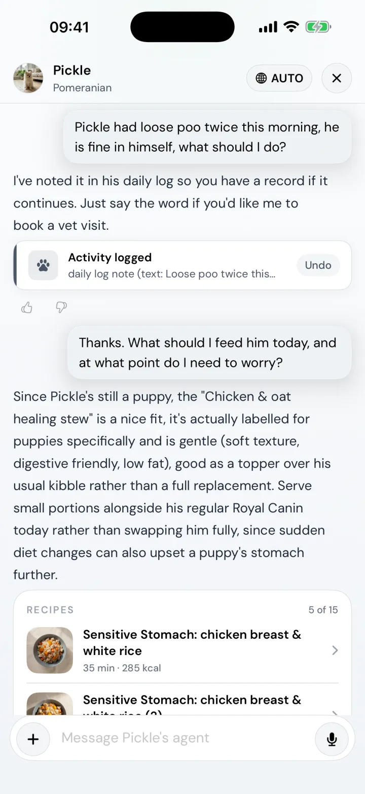 Snootly Agent chatting about Pickle: it notes loose poo twice this morning in his daily log, with an Undo button, then suggests a gentle recipe