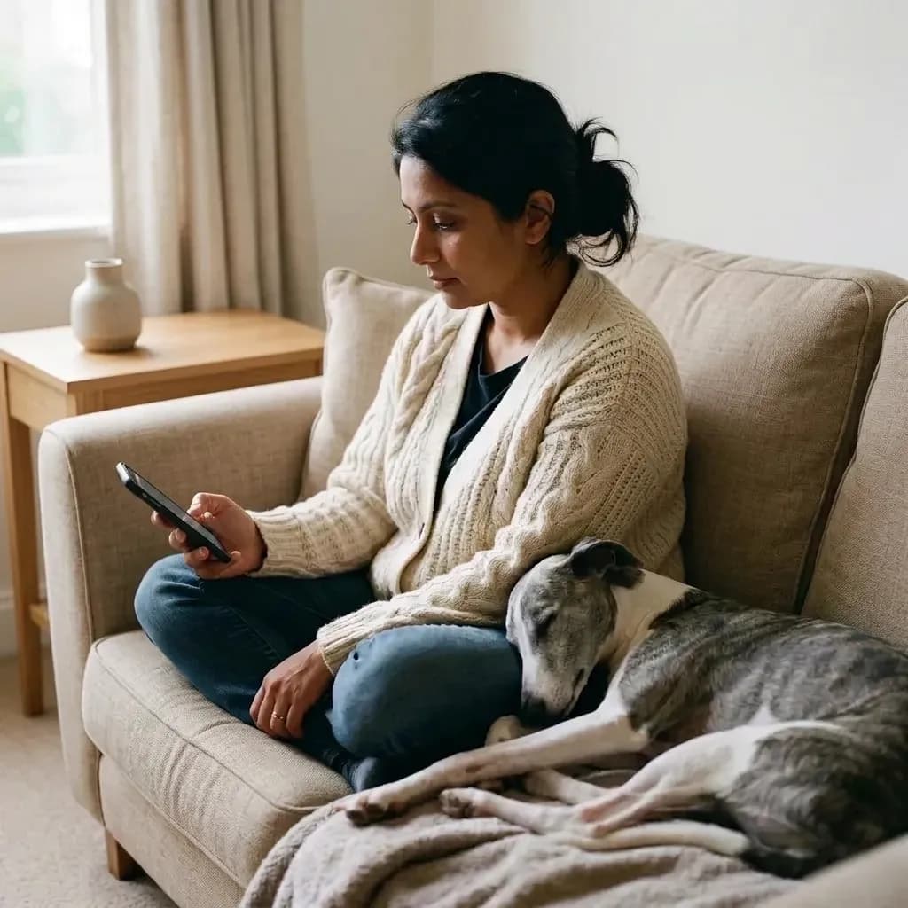A woman reading on her phone with a whippet resting beside her in a modern living room