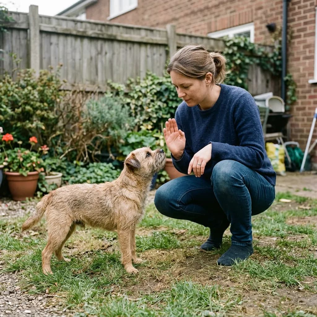 A woman practising a hand cue with a terrier in a back garden