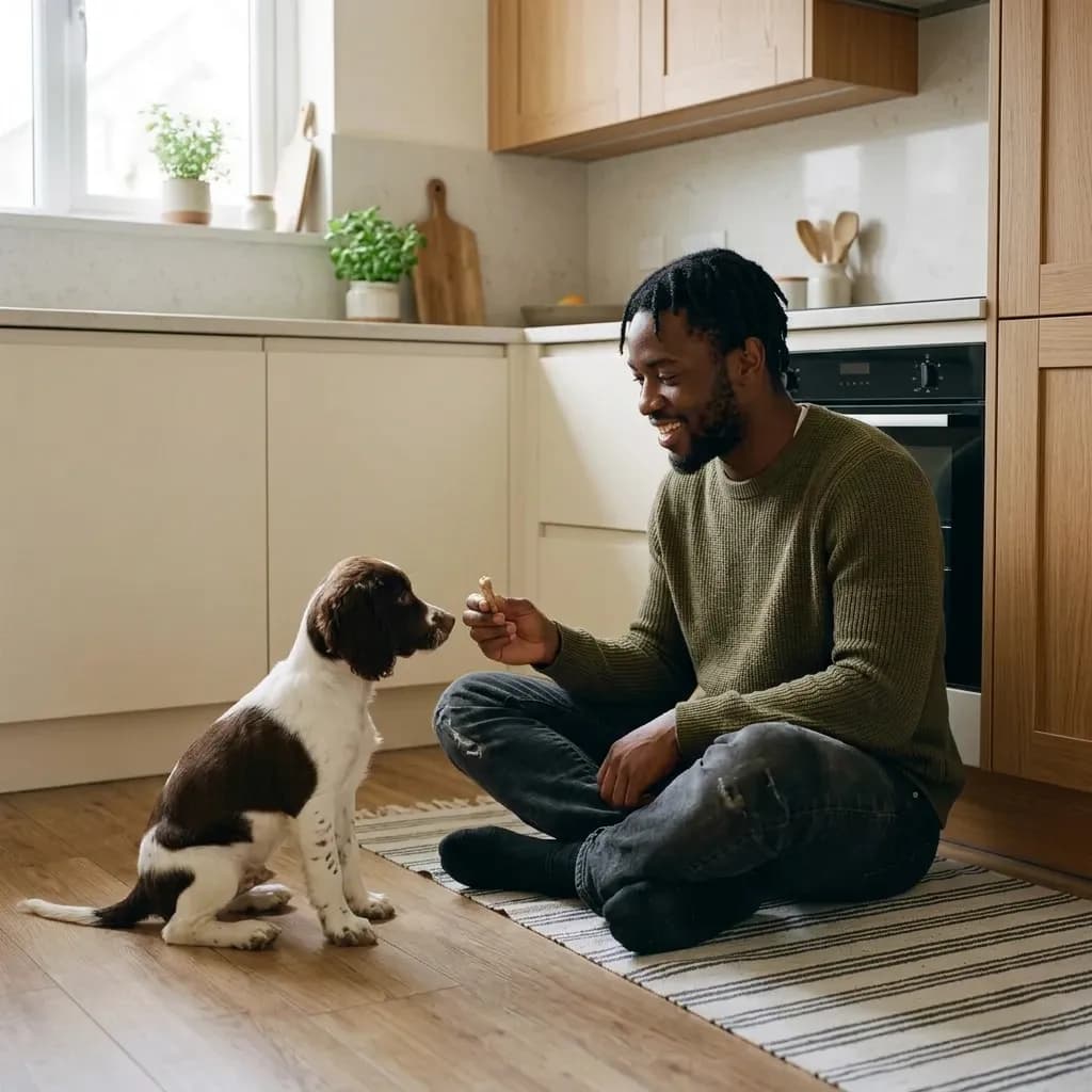 A man rewarding a spaniel puppy during a short practice in a modern kitchen