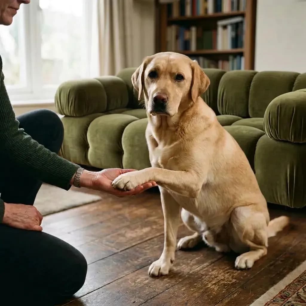 A Labrador offering its paw to a person in front of an olive-green sofa