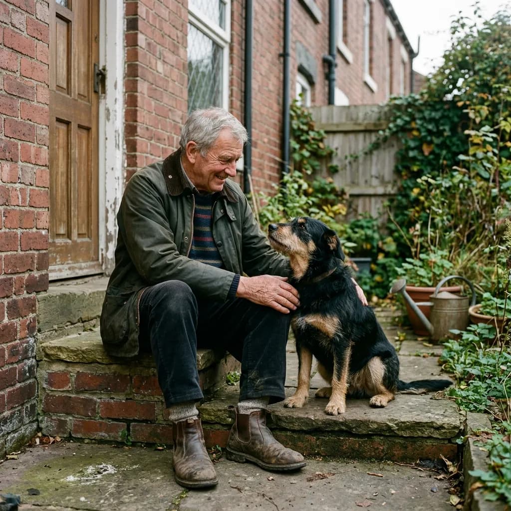 A man sharing a quiet moment with his dog on the garden doorstep