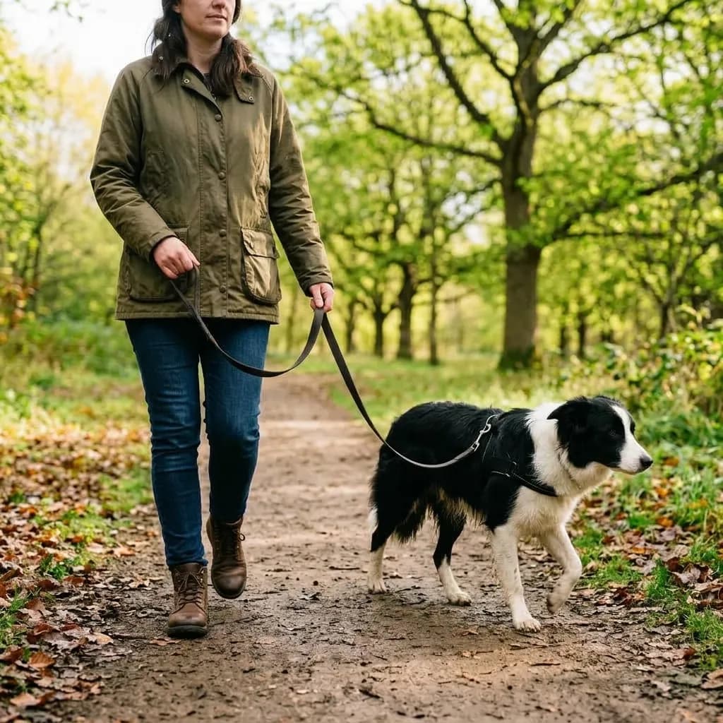 A woman walking beside a border collie on a loose lead in a sunny park