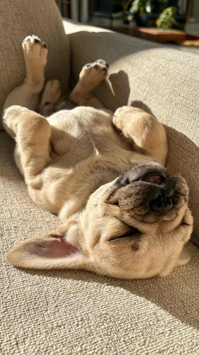 A French bulldog puppy asleep upside down