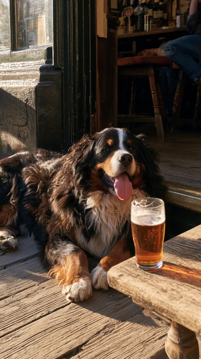 A bernese mountain dog lying across a pub floor