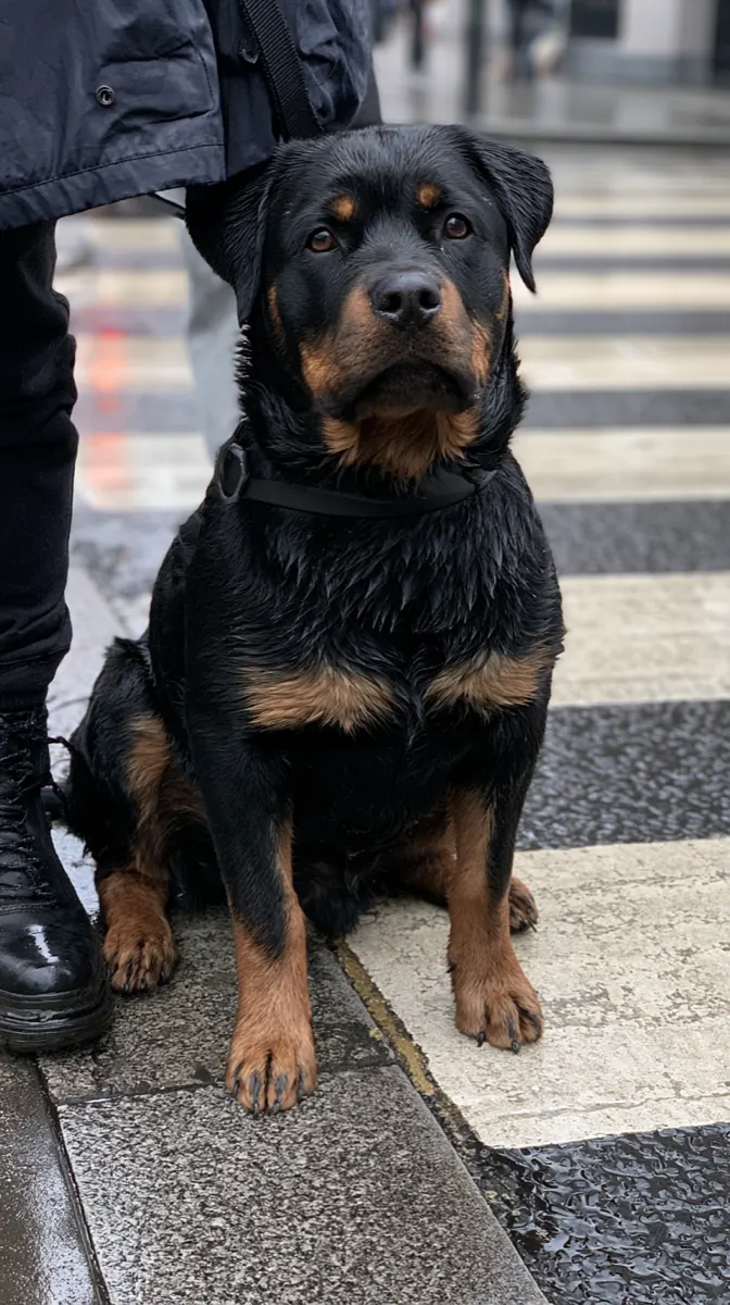 A black and tan rottweiler sitting patiently