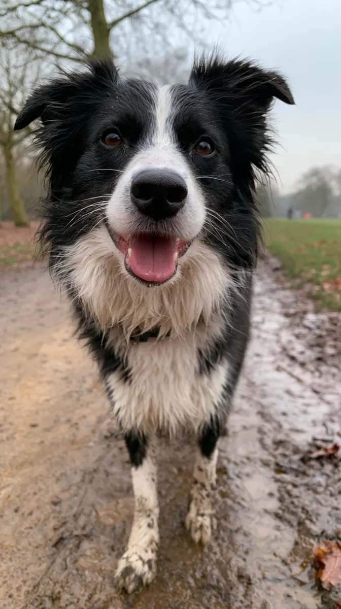 A border collie standing on a wet Hampstead path