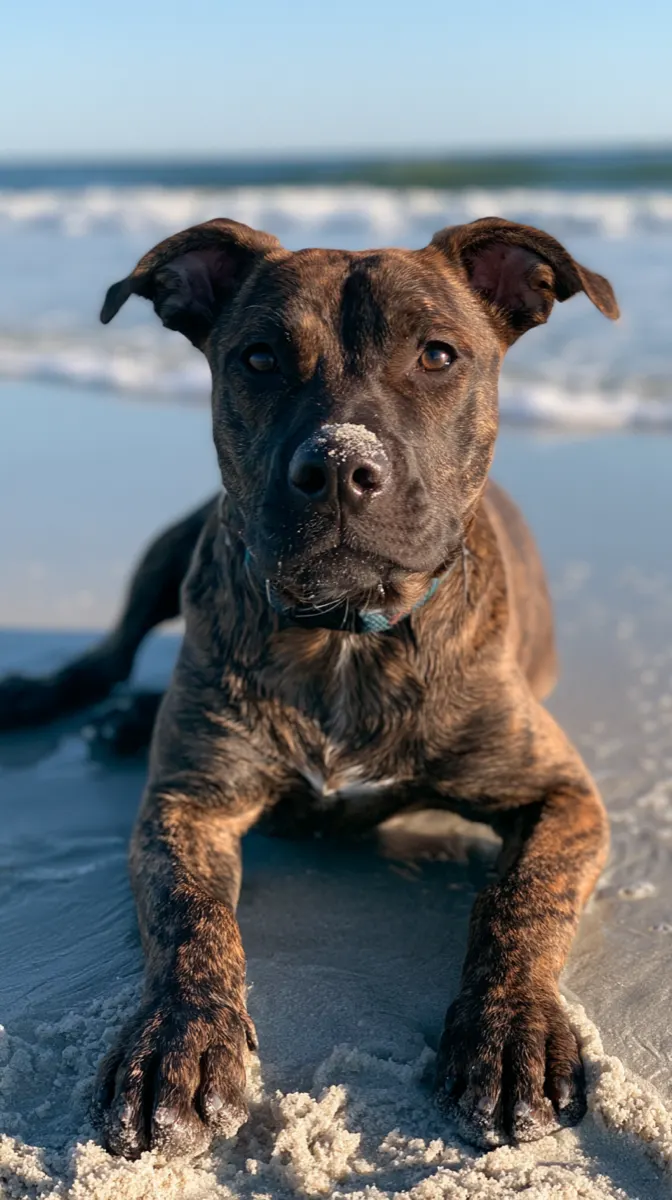 A brindle mixed breed with a broad chest