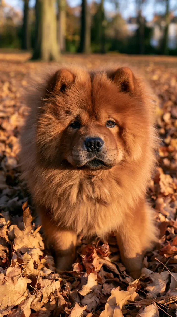 A chow chow standing in a pile of fallen leaves