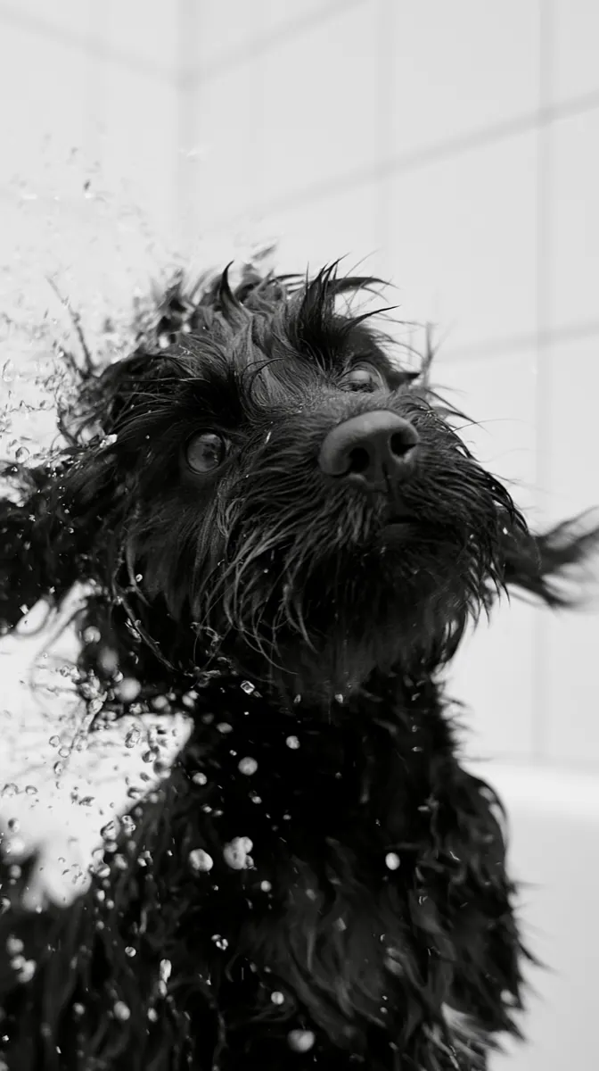 A cockapoo puppy caught mid shake