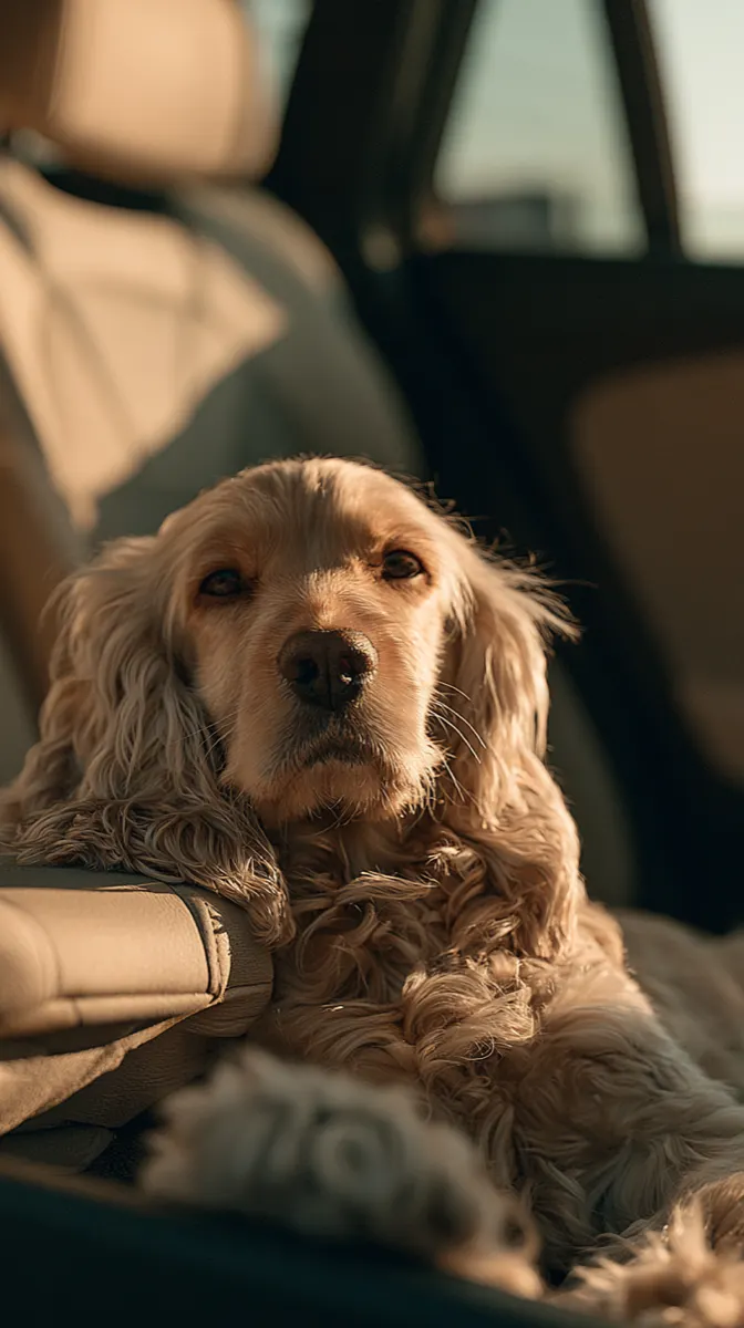 A cocker spaniel sitting in the passenger seat