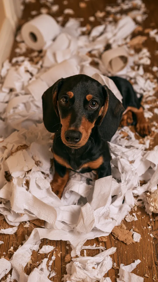 A dachshund puppy surrounded by shredded toilet roll