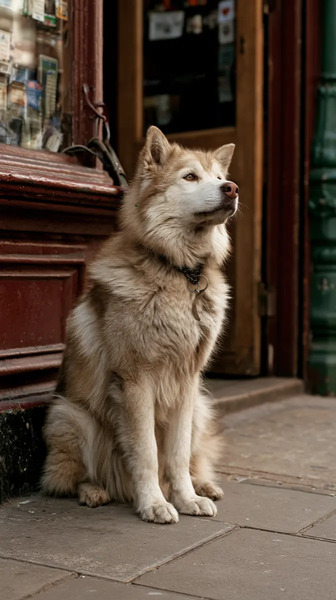 A dog waiting tied up outside a corner shop