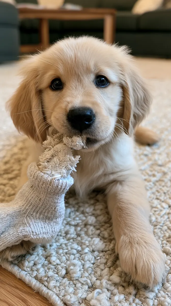 A golden retriever puppy with a chewed sock