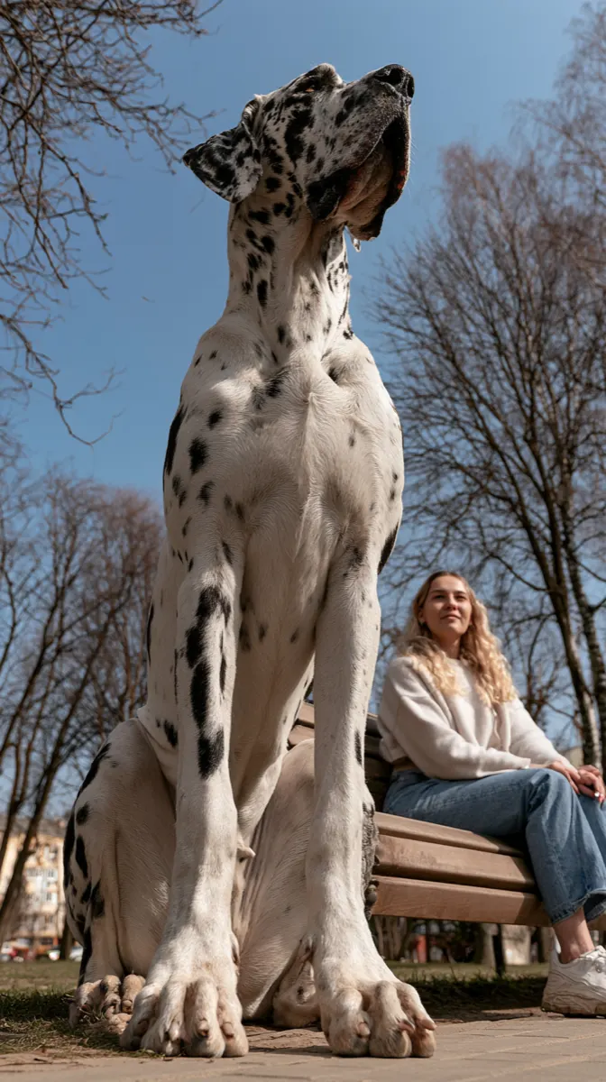 A great dane beside a park bench