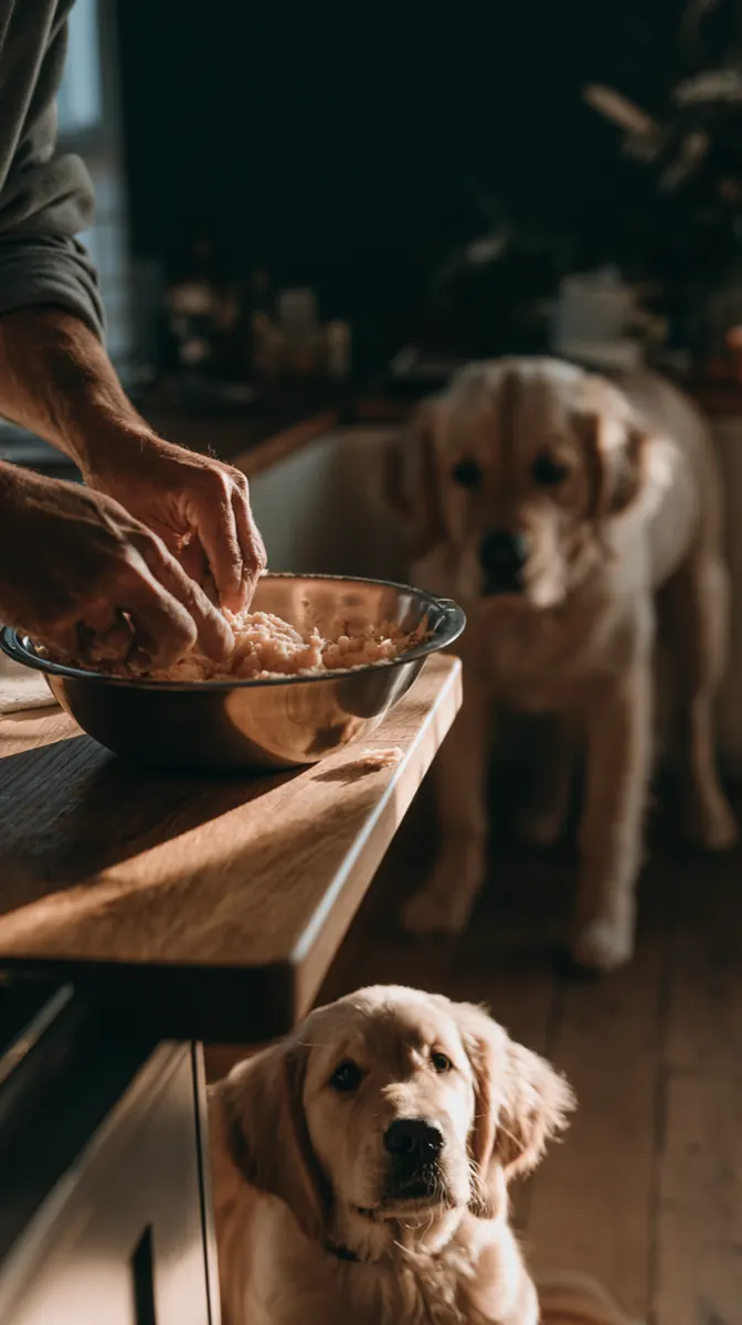 Hands mashing sweet potato into a dog bowl