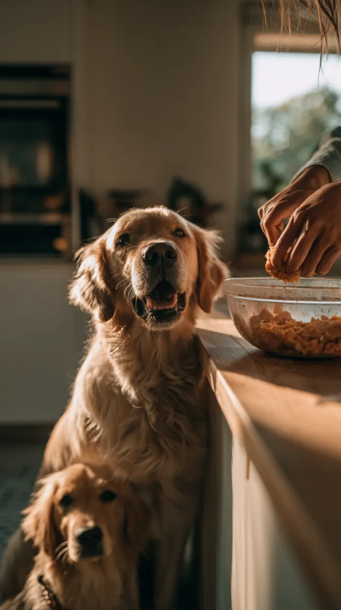 Hands mashing sweet potato into a dog bowl