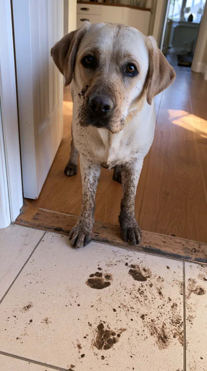 A muddy labrador standing in a doorway