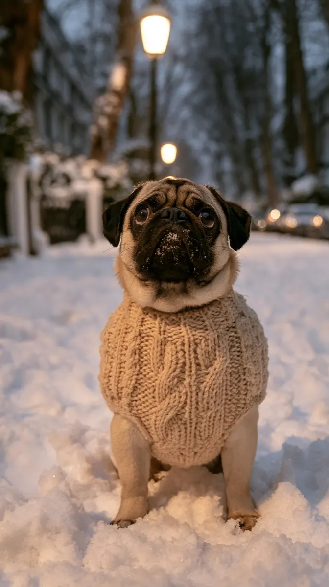 A pug in a knitted jumper standing in fresh snow