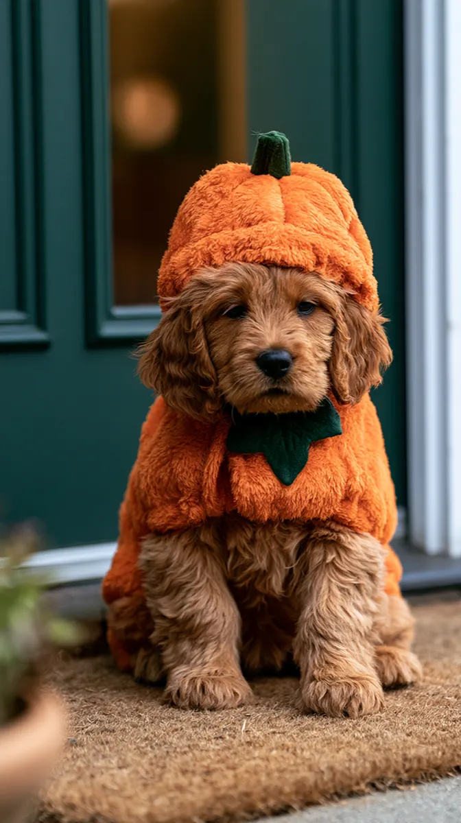 A puppy in a pumpkin shaped Halloween costume