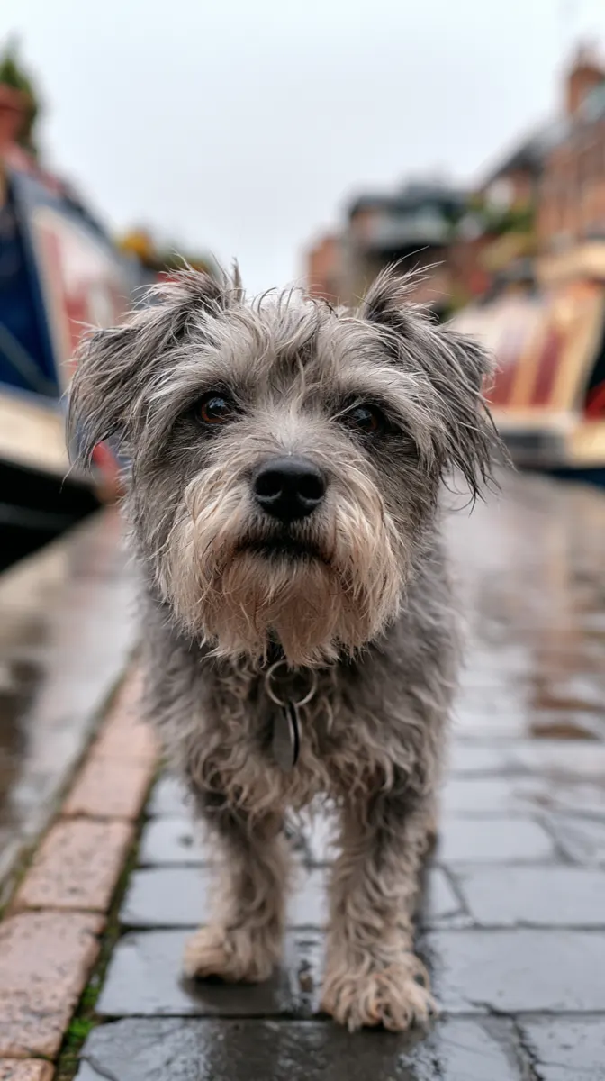 A scruffy terrier mix with wiry grey fur