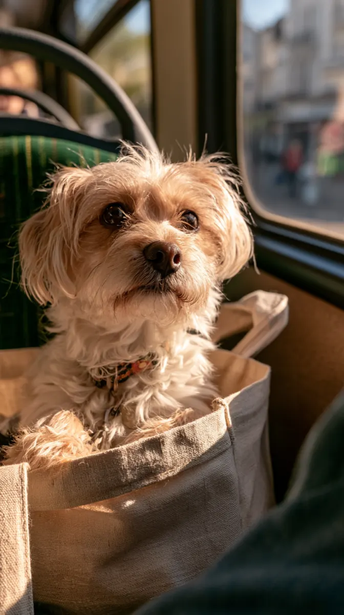 A small dog sitting inside a tote bag