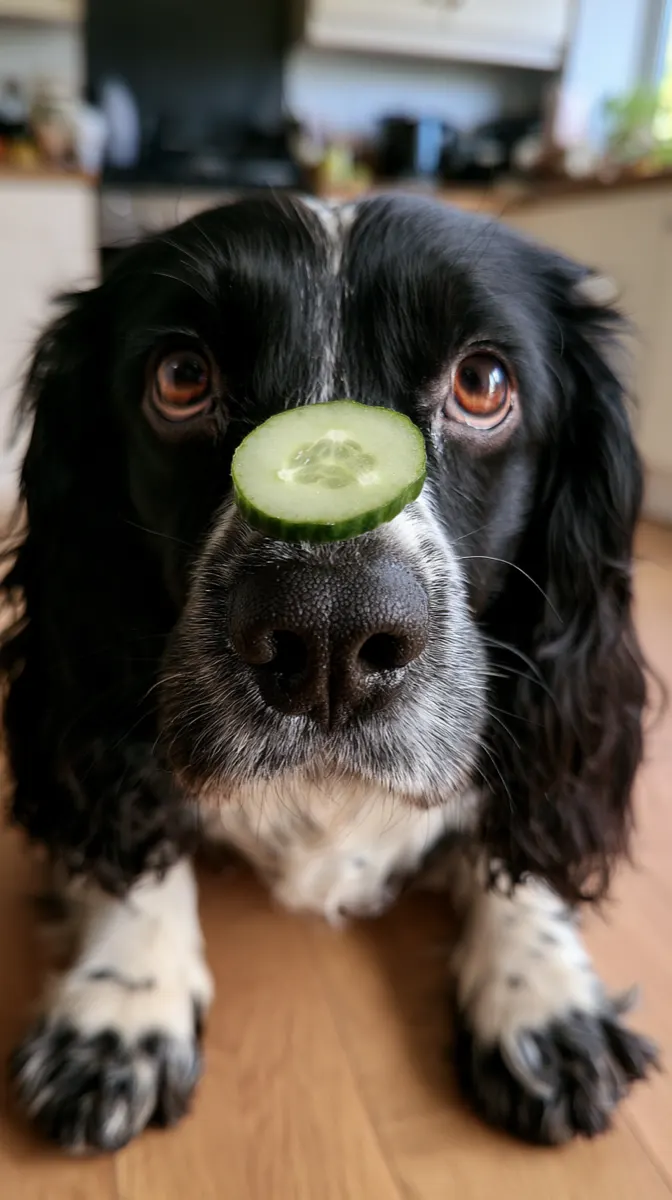 A spaniel with a slice of cucumber balanced on its nose