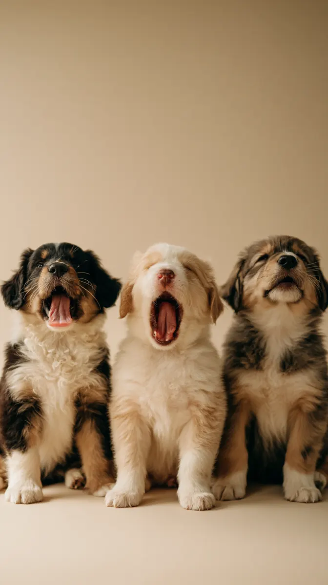 Three puppies of different breeds sitting together