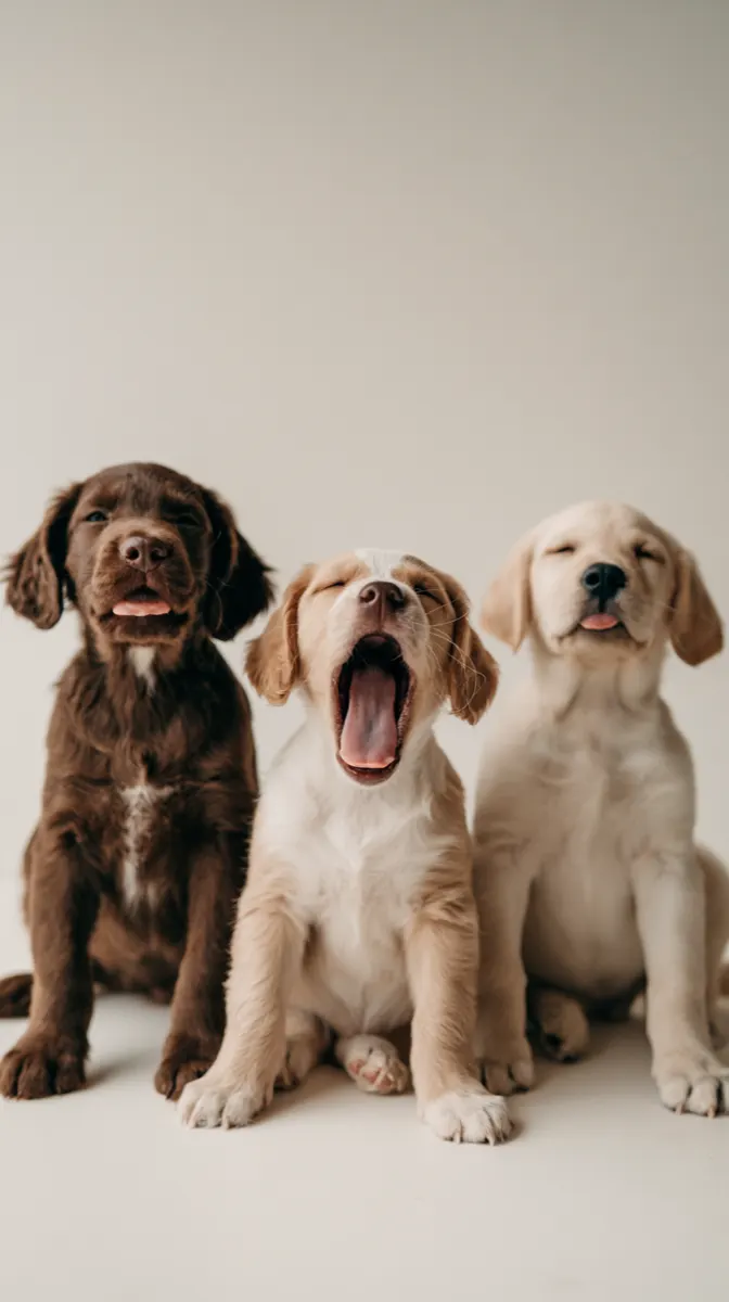 Three puppies of different breeds sitting together