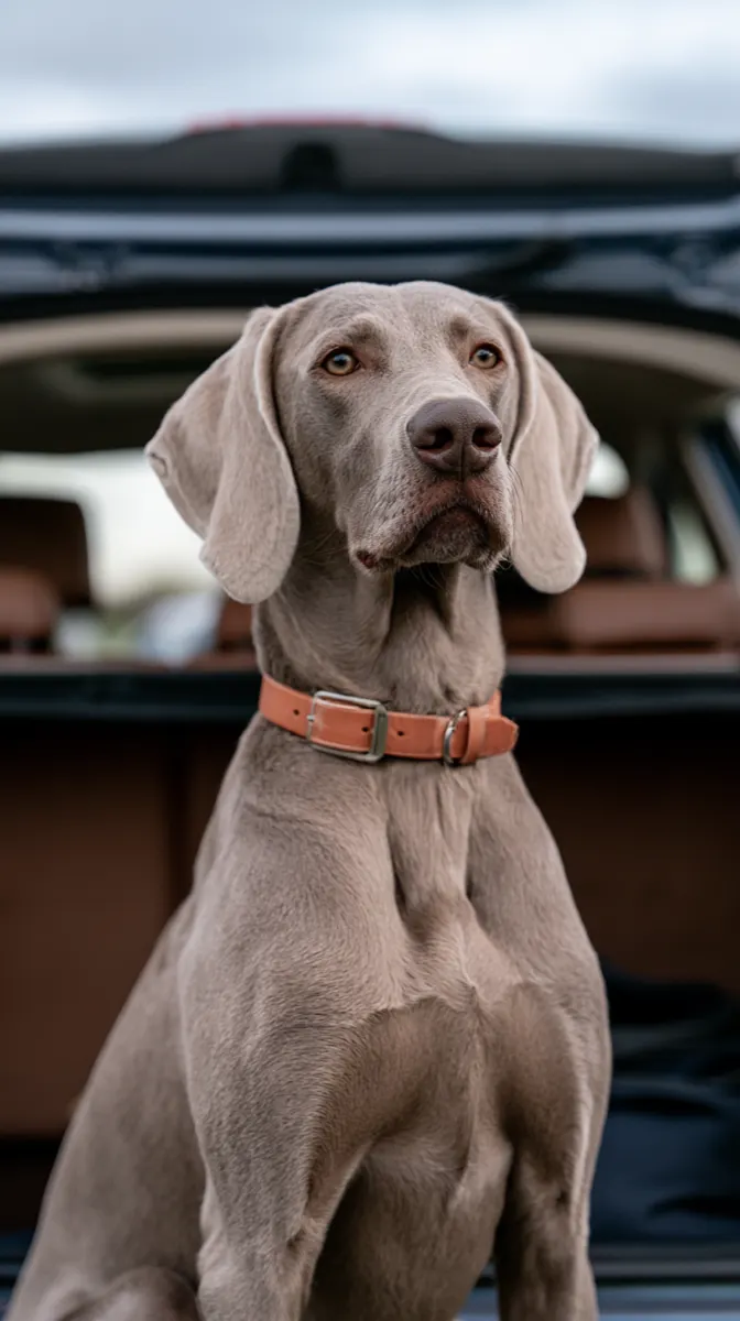 A weimaraner sitting alert in the back of a car